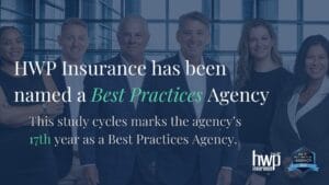 HWP Insurance has been named a Best Practices Agency. This Study cycle marks the agency's 17th year as a Best Practices Agency. Pictured behind text from left to right, Jenaye Matthews, Mark Fleming, Ed Bonifant, Mike Cauley, Megan Brittingham-Dodd, Barb Beavers.